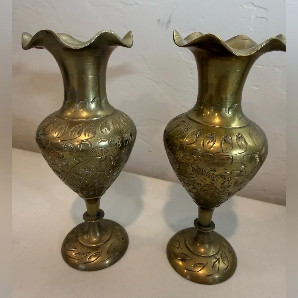 Vintage Pair of 2 Solid Brass Etched Floral Scalloped Vases signed Made in India